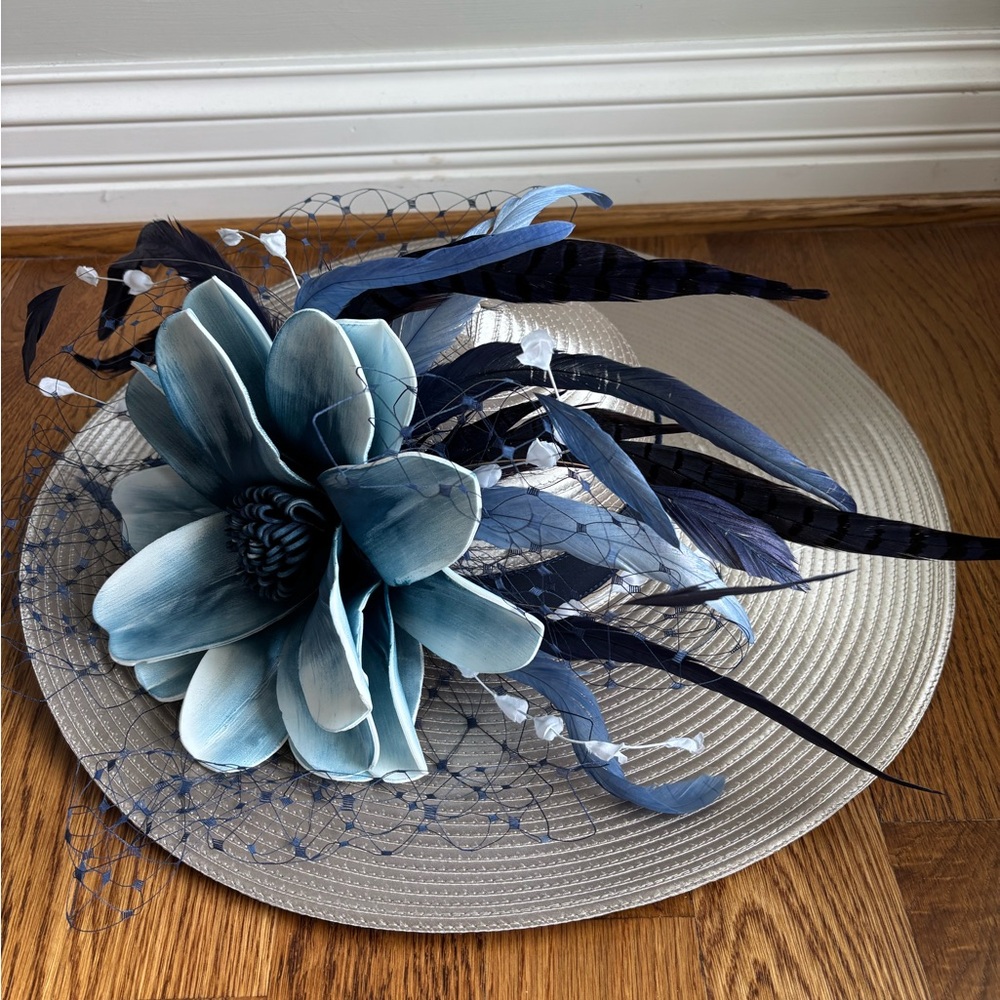 Blue Floral Feather Decorative Hat Accent - Faux Florals